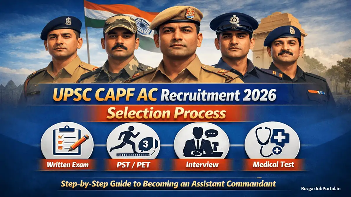 UPSC CAPF AC Recruitment 2026 Selection Process Feature Image showing Assistant Commandant recruitment stages including Written Exam, PST PET, Interview and Medical Test