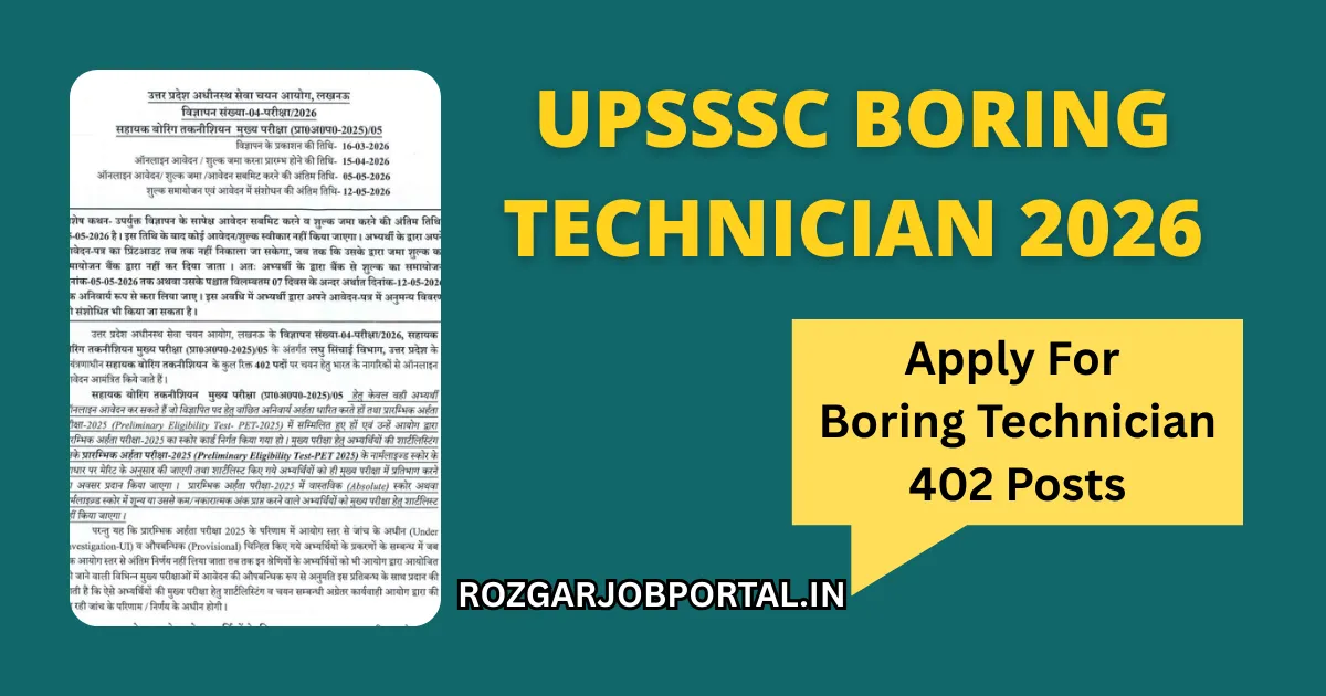 UPSSSC Assistant Boring Technician Vacancy 2026 Apply Online for 402 Posts