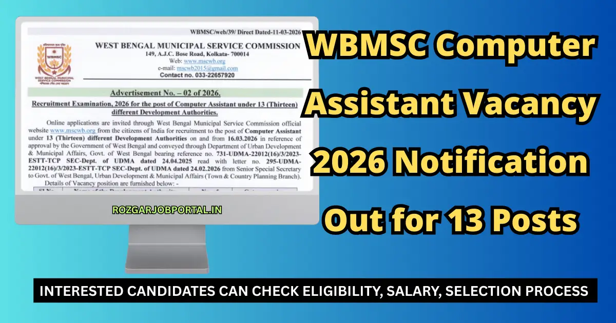 WBMSC Computer Assistant Vacancy 2026 Notification for 13 Posts
