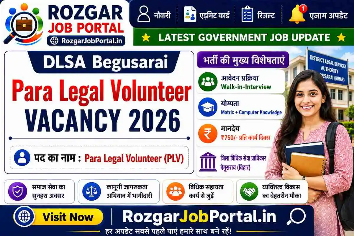 DLSA Begusarai Para Legal Volunteer Bharti 2026 feature image showing PLV recruitment details, offline application process, qualification and interview selection.