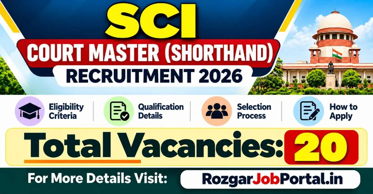 SCI Court Master (Shorthand) Recruitment 2026 featuring 20 vacancies, eligibility criteria, selection process, and application details